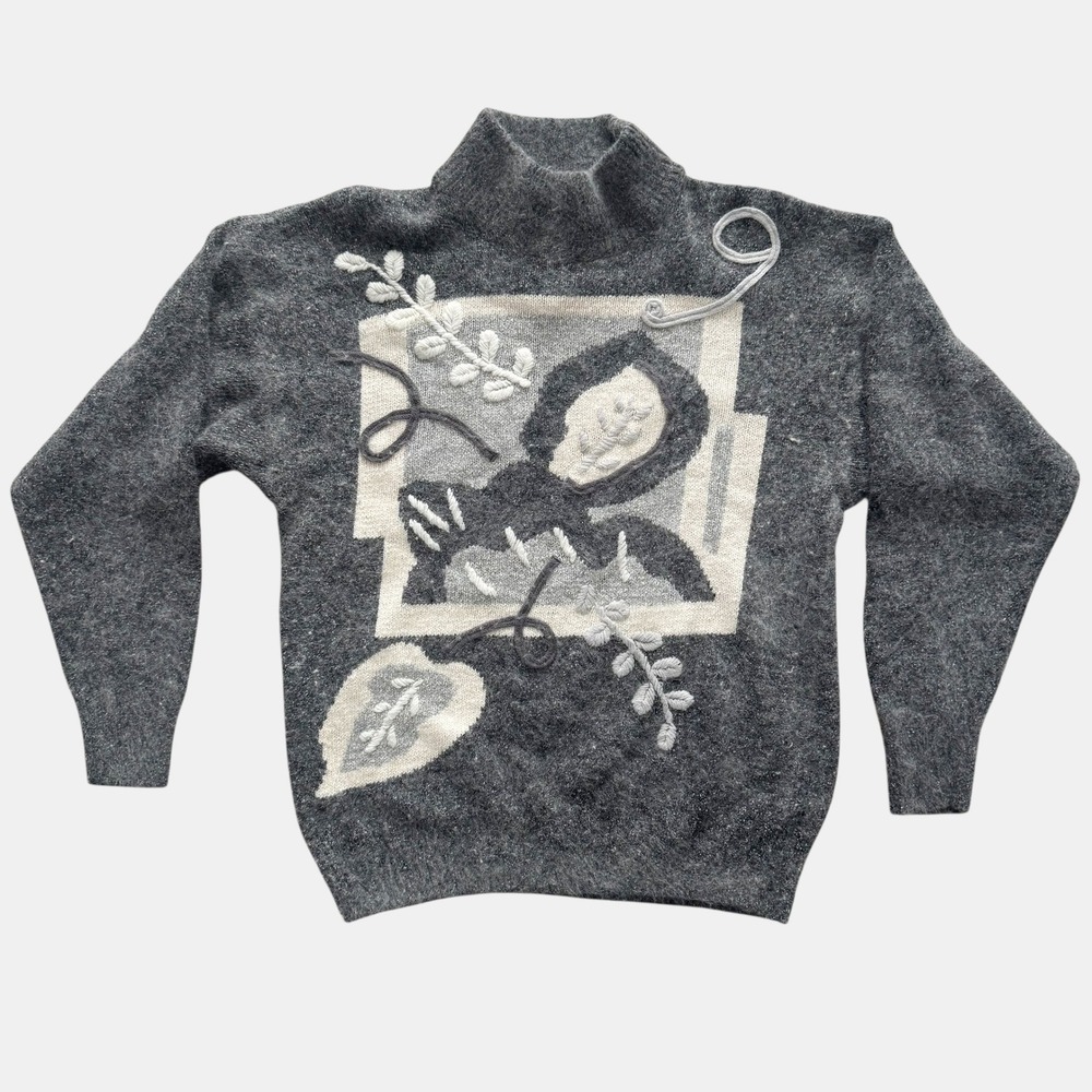 Vintage Santoria Silk Angora Blend Mock Neck Botanical Sweater Womens Medium 90s